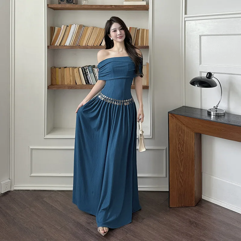 French Retro Off-the-shoulder Backless One-shoulder Blue Dress Slim Harajuku Hepburn-style Robe For Women Evening Parties Gown
French Retro Off-the-shoulder Backless One-shoulder Blue Dress Slim Harajuku Hepburn-style Robe For Women Evening Parties Gown