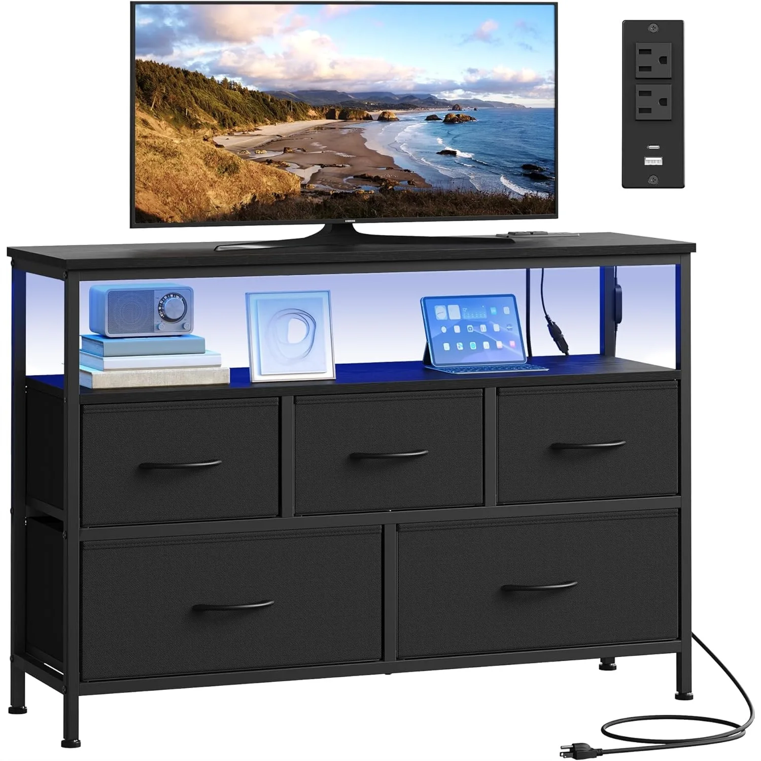Dresser with App-Controlled LED Lights and Charging Station, 5 Drawers Chest for Bedroom, Modern Ink Black
Dresser with App-Controlled LED Lights and Charging Station, 5 Drawers Chest for Bedroom, Modern Ink Black