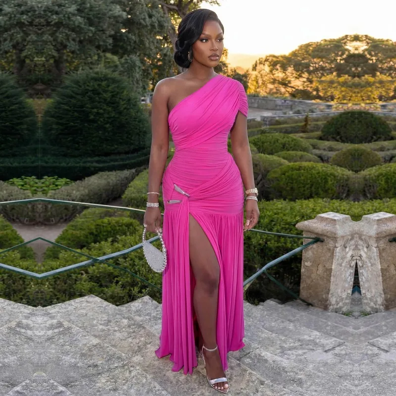 Women Elegant Ruched Metal Buckle Ribbon Split Maxi Dress Sexy One Shoulder Bodycon Birthday Party Long Robe Evening Gown
Women Elegant Ruched Metal Buckle Ribbon Split Maxi Dress Sexy One Shoulder Bodycon Birthday Party Long Robe Evening Gown