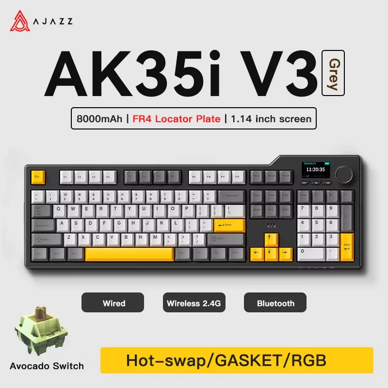 Механическая игровая клавиатура AJAZZ AK35I V3 полноразмерная с горячей заменой переключателей, экраном и регулятором, трехрежимное подключение, FR4-плата, 8000 мАч, LED RGB
Механическая игровая клавиатура AJAZZ AK35I V3 полноразмерная с горячей заменой переключателей, экраном и регулятором, трехрежимное подключение, FR4-плата, 8000 мАч, LED RGB