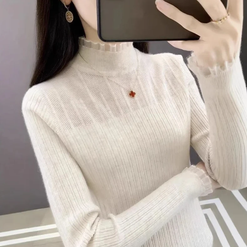 Elegant Half High Neck Knit Sweater for Women, Long Sleeve Slim Fit Top with Lace Detail, 2024 Autumn Winter New Style
Elegant Half High Neck Knit Sweater for Women, Long Sleeve Slim Fit Top with Lace Detail, 2024 Autumn Winter New Style