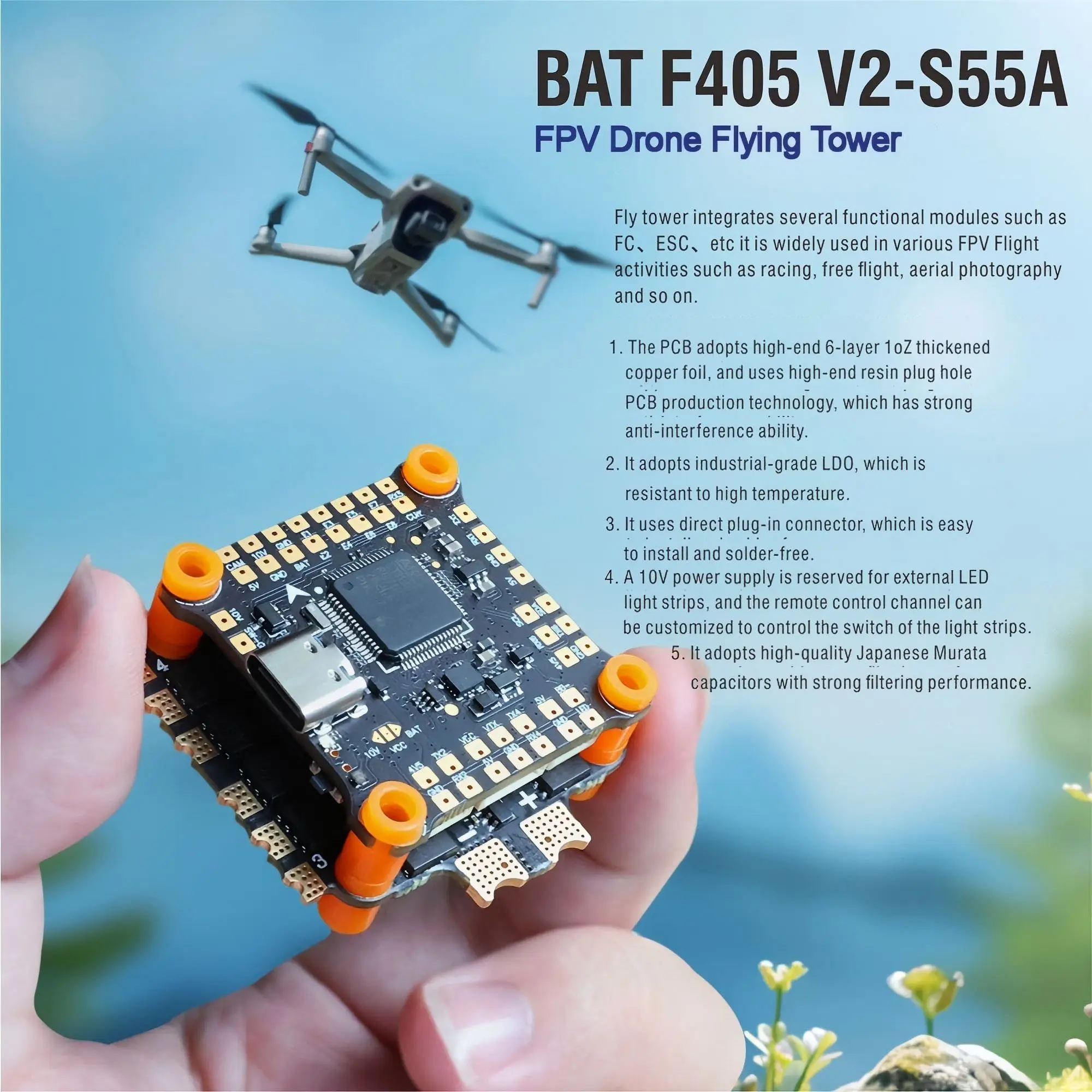 Контроллер полета F405 V2-S55A ESC с гироскопом ICM-42688 SPA06-003 для RC FPV Freestyle Drone
Контроллер полета F405 V2-S55A ESC с гироскопом ICM-42688 SPA06-003 для RC FPV Freestyle Drone