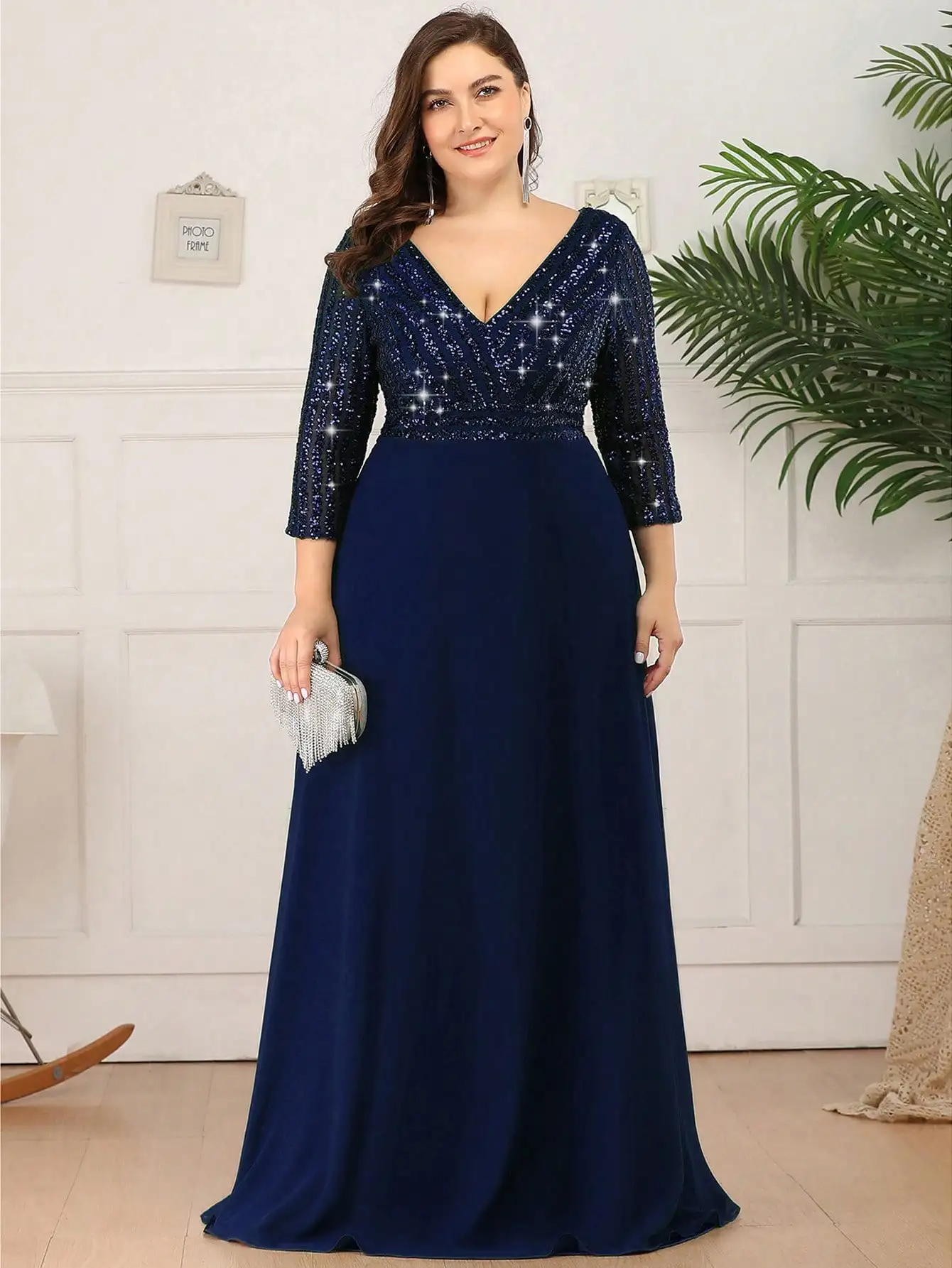 Plus Size V-Neck Sequin Chiffon Evening Gown for Formal Events
Plus Size V-Neck Sequin Chiffon Evening Gown for Formal Events