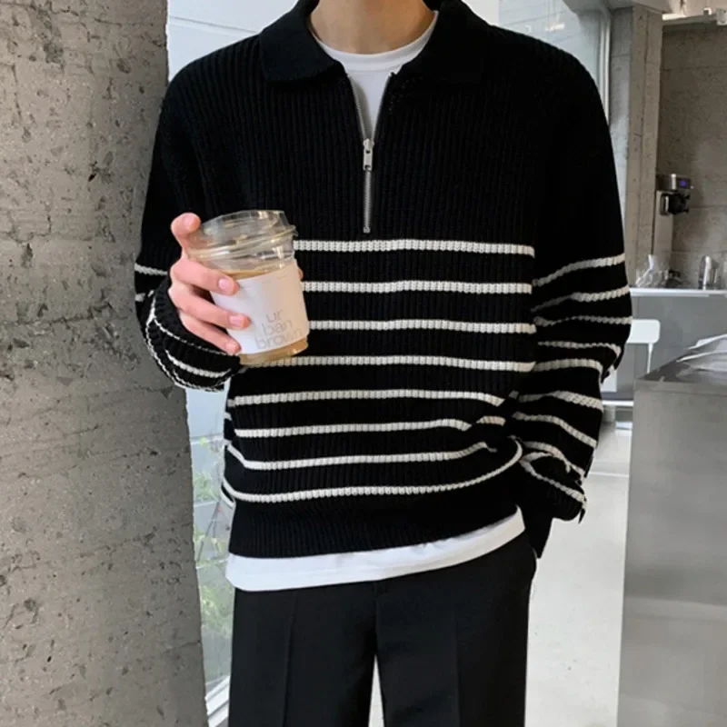 Autumn Men's Lapel Sweater Long Sleeve Korean Loose Casual Half Zipper Striped Fashion Temperament Male Pullover
Autumn Men's Lapel Sweater Long Sleeve Korean Loose Casual Half Zipper Striped Fashion Temperament Male Pullover