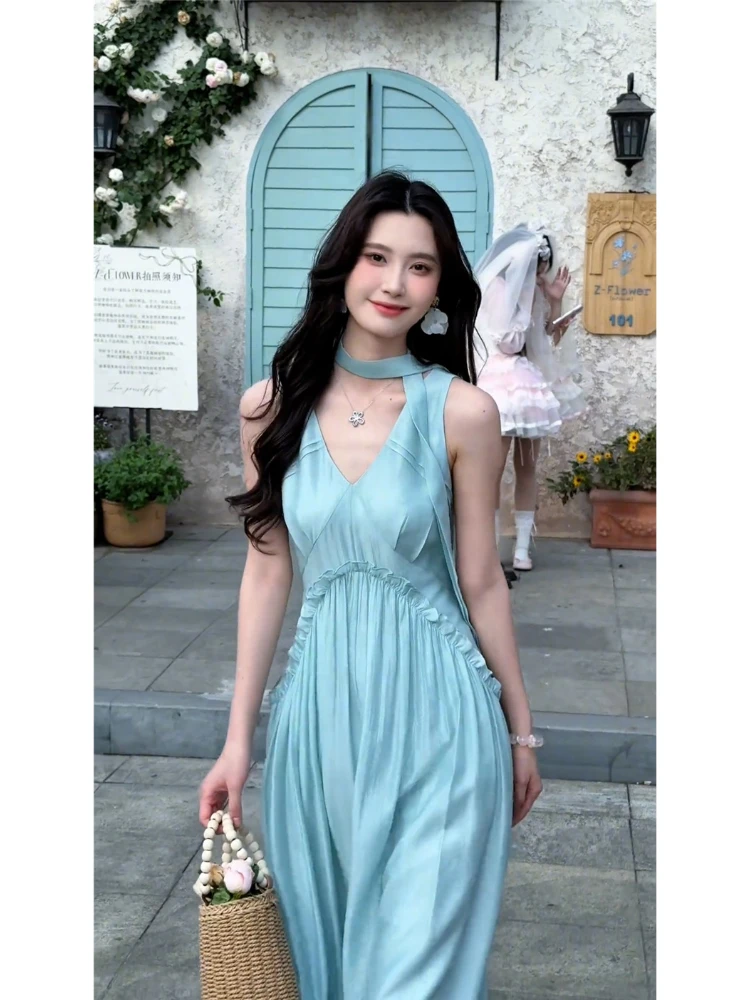 Elegant Stain Women's Sling Dress Sexy Backless Sleeveless V Neck High Waist Evening Gown Summer Chic Lady PartywearFrench style
Elegant Stain Women's Sling Dress Sexy Backless Sleeveless V Neck High Waist Evening Gown Summer Chic Lady PartywearFrench style