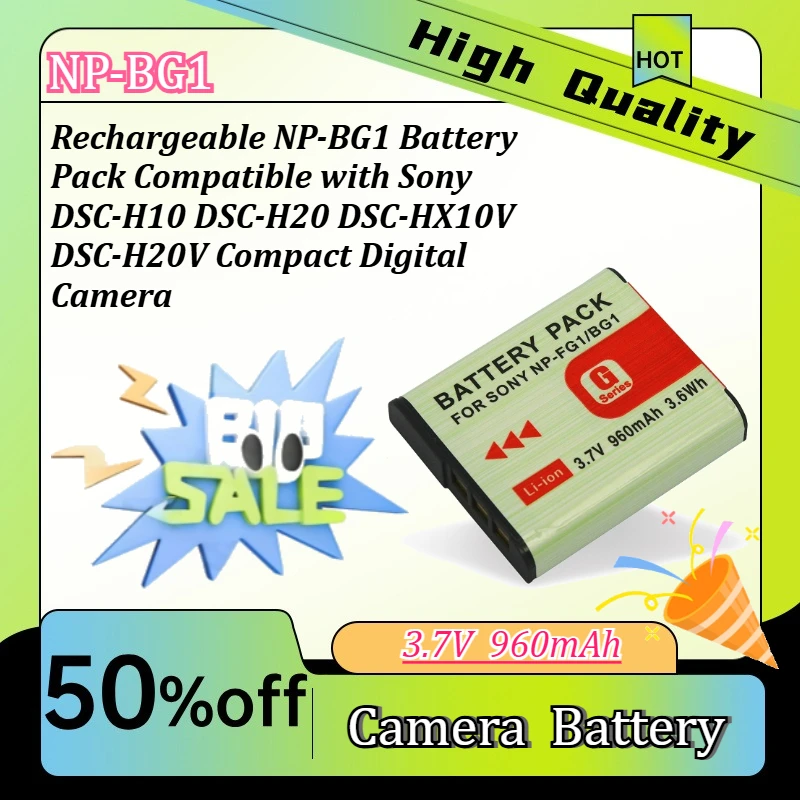 3.7V 960mAh Rechargeable NP-BG1 Battery Pack Compatible with Sony DSC-H10 DSC-H20 DSC-HX10V DSC-H20V Compact Digital Camera
3.7V 960mAh Rechargeable NP-BG1 Battery Pack Compatible with Sony DSC-H10 DSC-H20 DSC-HX10V DSC-H20V Compact Digital Camera