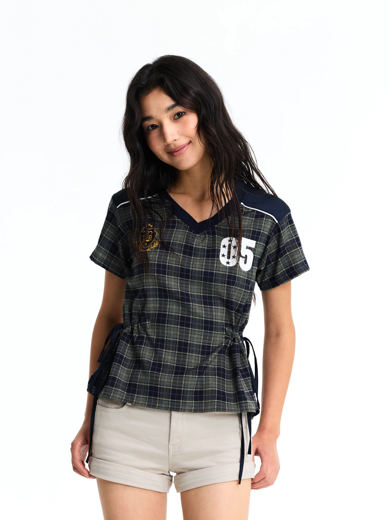 Yeboon American Sports Style Shirt Plaid Short Sleeve Drawstring Waist Slimming V-neck T-shirt Women Summer New Arrival
Yeboon American Sports Style Shirt Plaid Short Sleeve Drawstring Waist Slimming V-neck T-shirt Women Summer New Arrival
