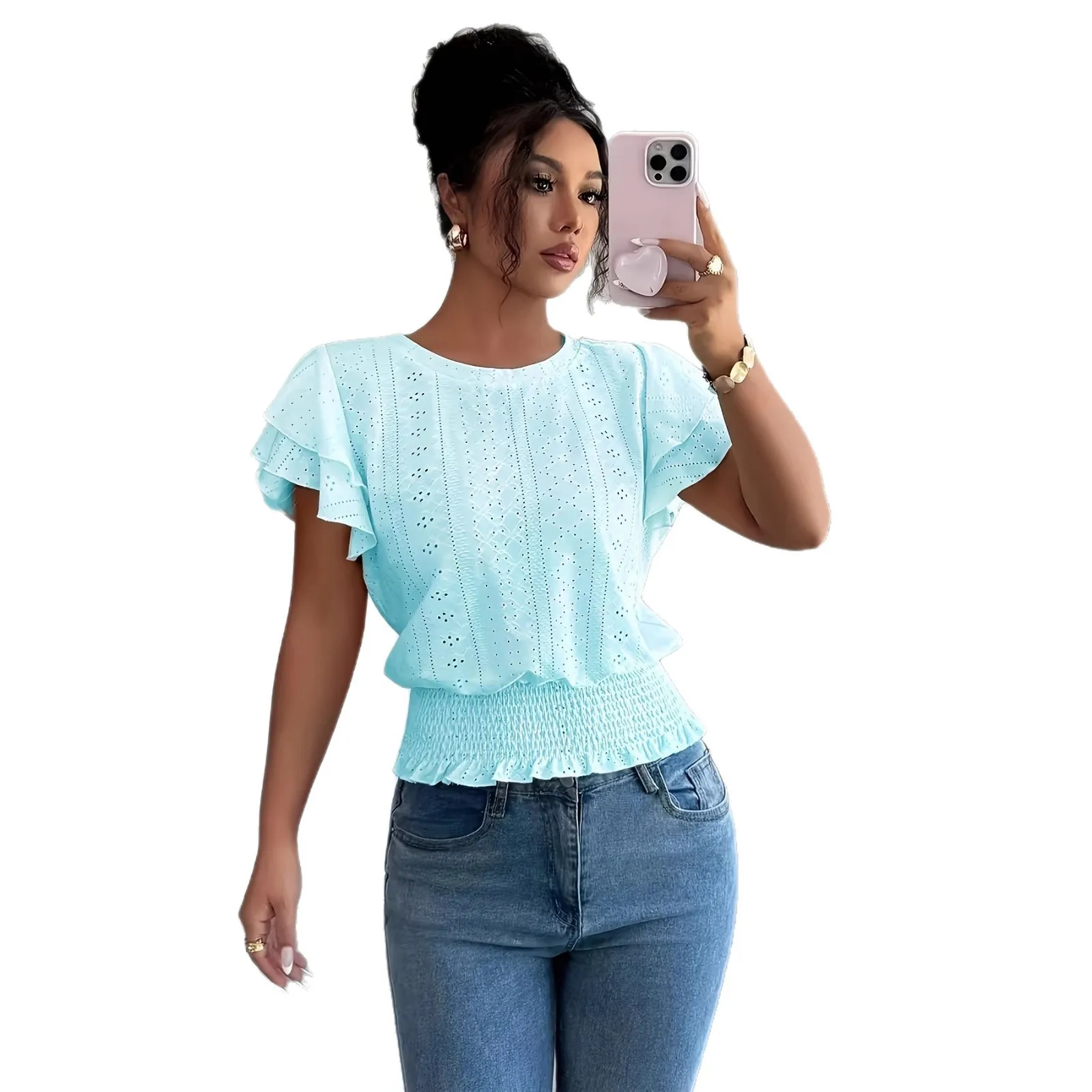 Women Short Sleeve Crop Top Ruffle Hollow Out Mesh Tee Loose Fit Solid Color Casual Feminine Blouse Pink Mint Green White
Women Short Sleeve Crop Top Ruffle Hollow Out Mesh Tee Loose Fit Solid Color Casual Feminine Blouse Pink Mint Green White