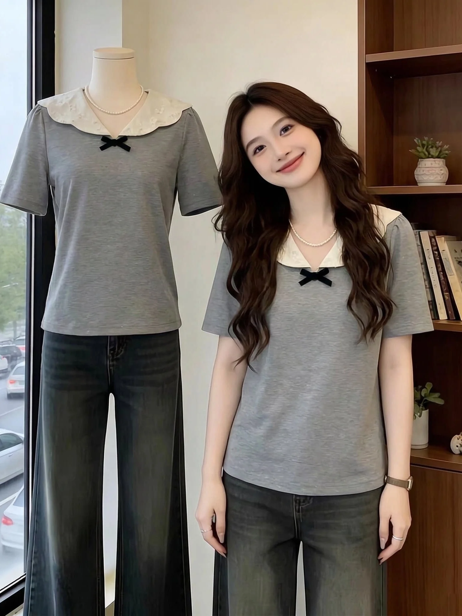 Gray Doll Collar Short Sleeve T-Shirt Women's Summer New Large Size Slimming Top Shoulder Width Regular round Neck Commute Style
Gray Doll Collar Short Sleeve T-Shirt Women's Summer New Large Size Slimming Top Shoulder Width Regular round Neck Commute Style