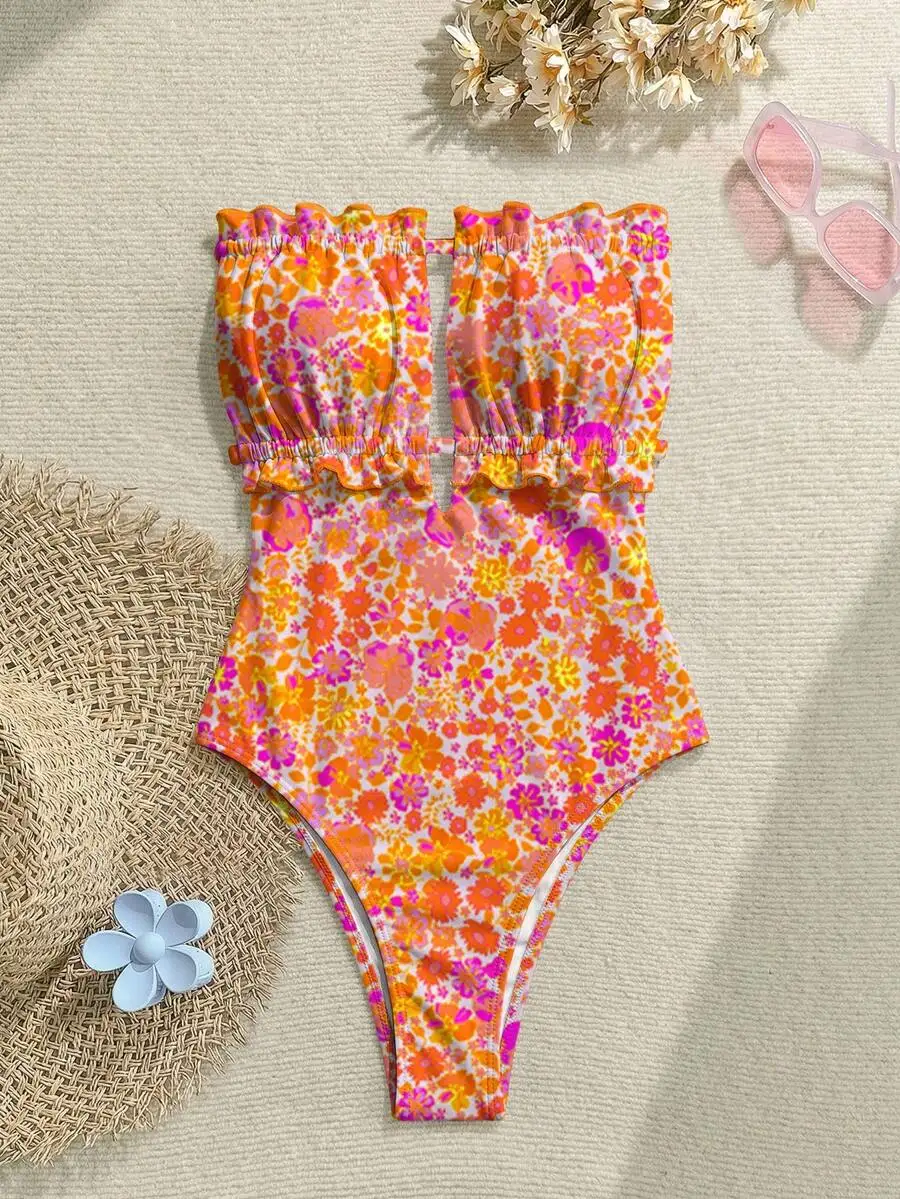 Women One Piece Swimsuit Orange Floral Print Ruffled Strapless Beach Vacation Swimwear
Women One Piece Swimsuit Orange Floral Print Ruffled Strapless Beach Vacation Swimwear