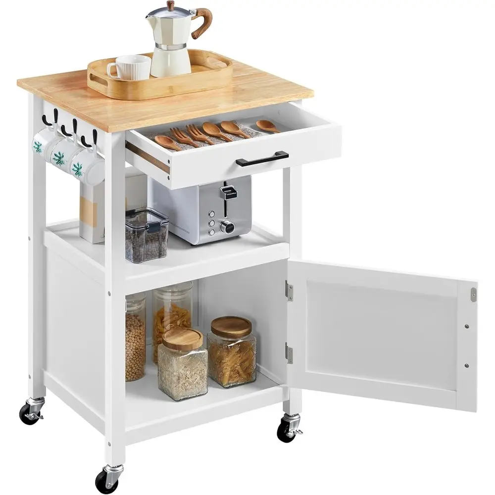 Rolling Wood Top Kitchen Island Cart with Storage and 6 Hooks, White
Rolling Wood Top Kitchen Island Cart with Storage and 6 Hooks, White