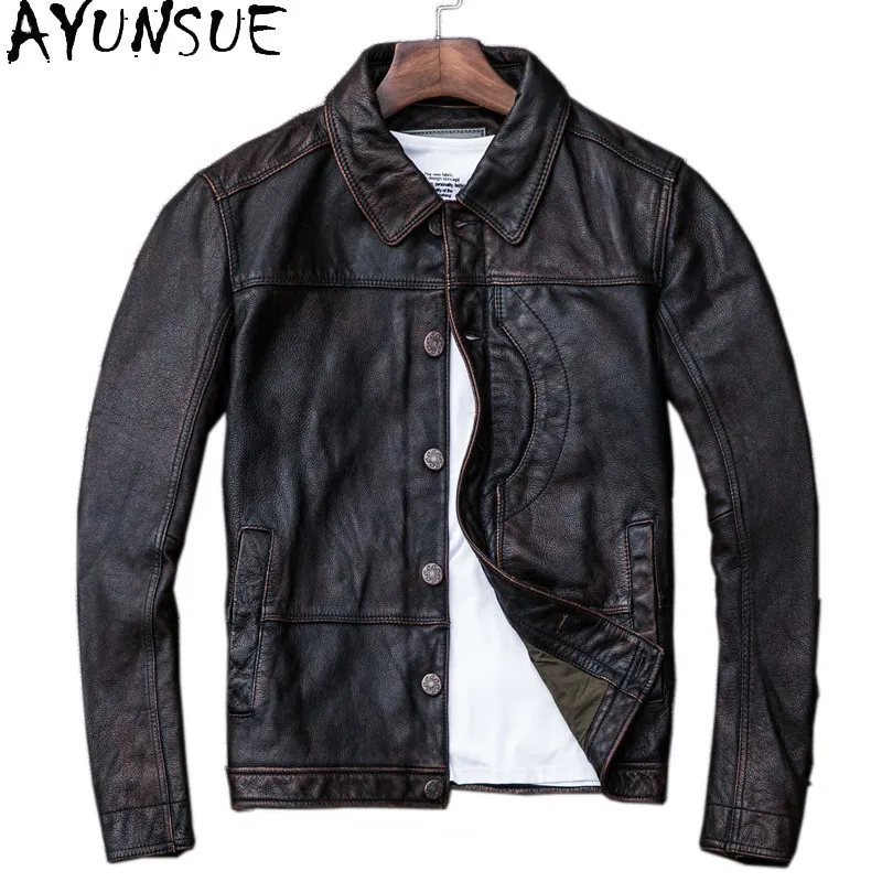 AYUNSUE Men Reddish Brown First Layer Cowhide Leather Jacket Vintage Washed Distressed Real Leather Coat Turn Down Collar Jacket
AYUNSUE Men Reddish Brown First Layer Cowhide Leather Jacket Vintage Washed Distressed Real Leather Coat Turn Down Collar Jacket