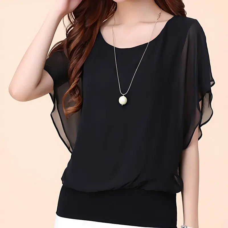 Summer New Chiffon Loose Shirt Tops Solid Color Short Sleeve Round Neck Pullovers Simplicity Fashion Casual Women Clothing
Summer New Chiffon Loose Shirt Tops Solid Color Short Sleeve Round Neck Pullovers Simplicity Fashion Casual Women Clothing