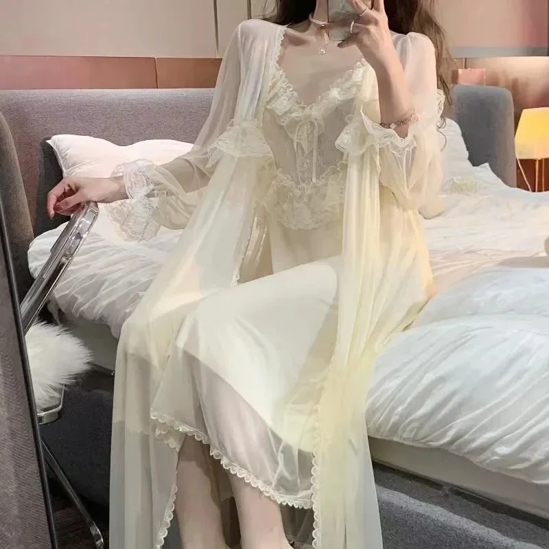 Sexy Homewear Long Hot Pajamas Bathrobe 2 Pcs Set Robe Women's Sleeve Nightdress Sleepwear Lace Nightwear Female Women Lingerie
Sexy Homewear Long Hot Pajamas Bathrobe 2 Pcs Set Robe Women's Sleeve Nightdress Sleepwear Lace Nightwear Female Women Lingerie
