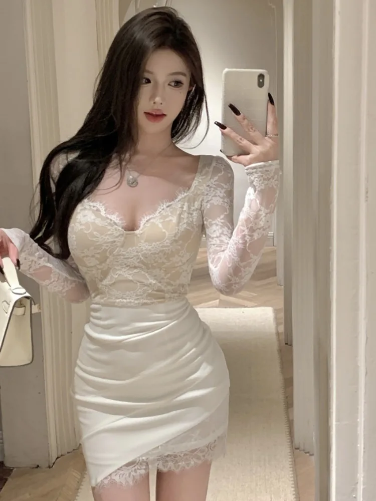 Sexy Lace Long Sleeve Bodycon Skirt Dress Trendy Design Spring New Arrival Women's Fashion Commute Style Korean Version
Sexy Lace Long Sleeve Bodycon Skirt Dress Trendy Design Spring New Arrival Women's Fashion Commute Style Korean Version