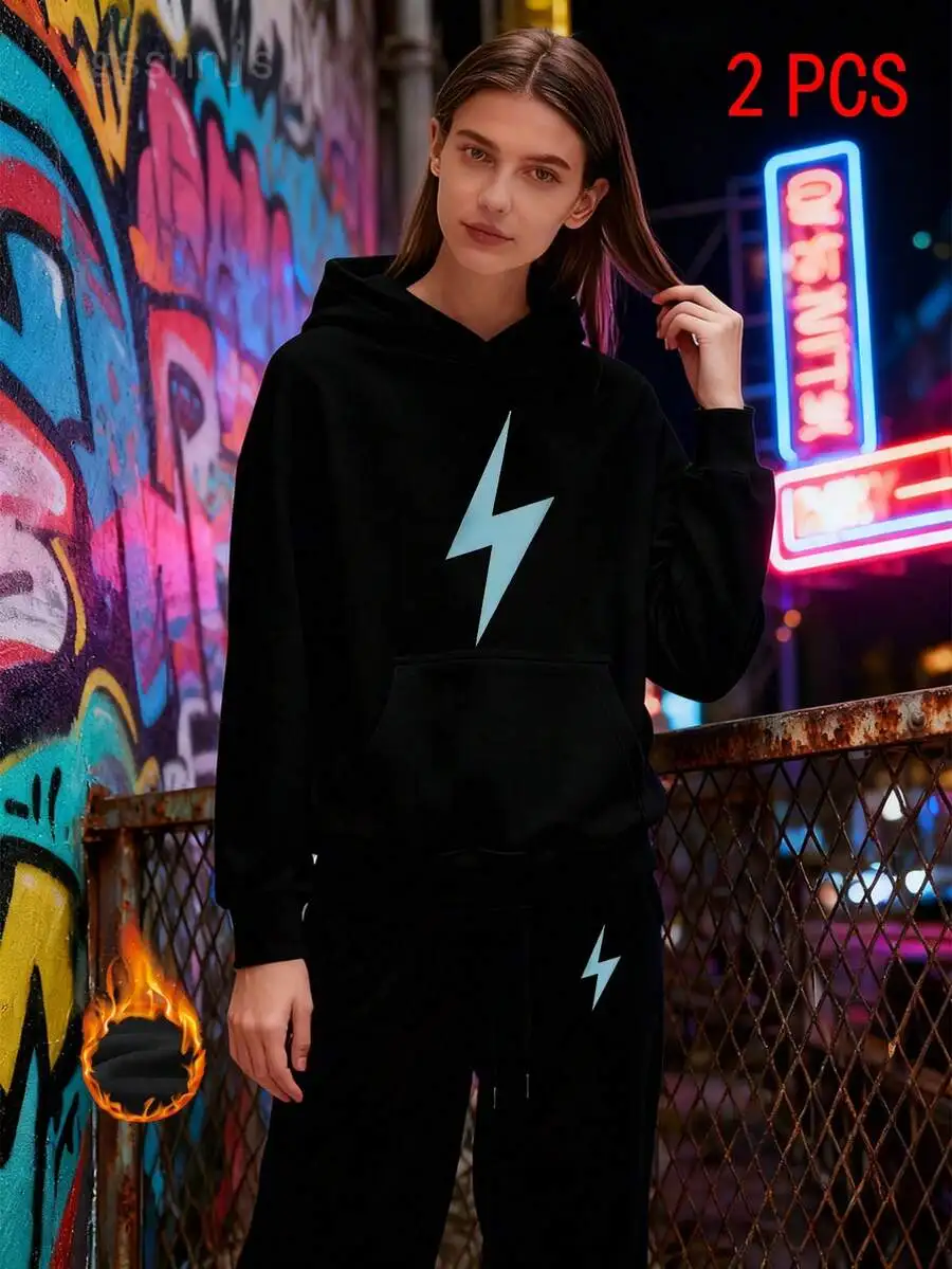 2 PCS Black Lightning Print Hoodie And Pants Set Women Casual Loose Warm Two Piece Outfit
2 PCS Black Lightning Print Hoodie And Pants Set Women Casual Loose Warm Two Piece Outfit