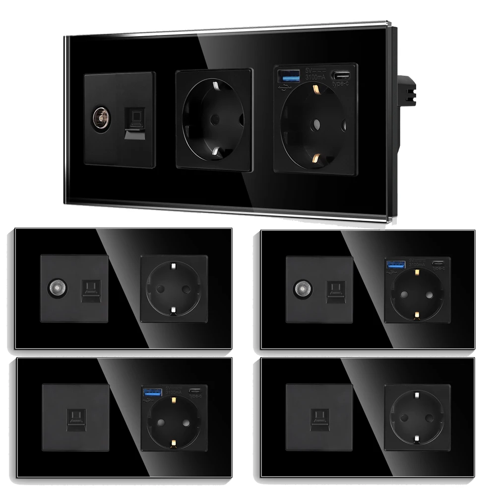 TOUCHMI EU Wall Sockets TV/CAT6 Dedicated Socket With Type-c/USB Black Glass Panel Wall Socket 220V Plug High Quality
TOUCHMI EU Wall Sockets TV/CAT6 Dedicated Socket With Type-c/USB Black Glass Panel Wall Socket 220V Plug High Quality