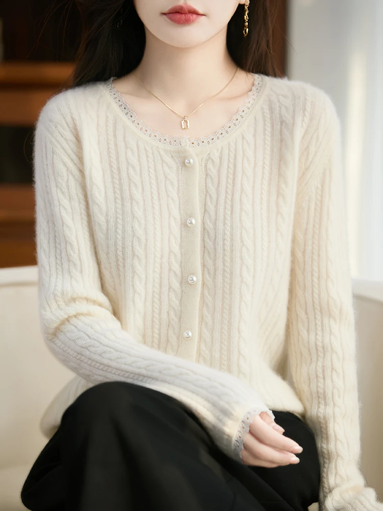 Women O-neck Cardigan Office Lady Cable Knitting Pure Wool Sweater Autumn Winter Long Sleeve 100% Merino Wool Knitwear Tops
Women O-neck Cardigan Office Lady Cable Knitting Pure Wool Sweater Autumn Winter Long Sleeve 100% Merino Wool Knitwear Tops