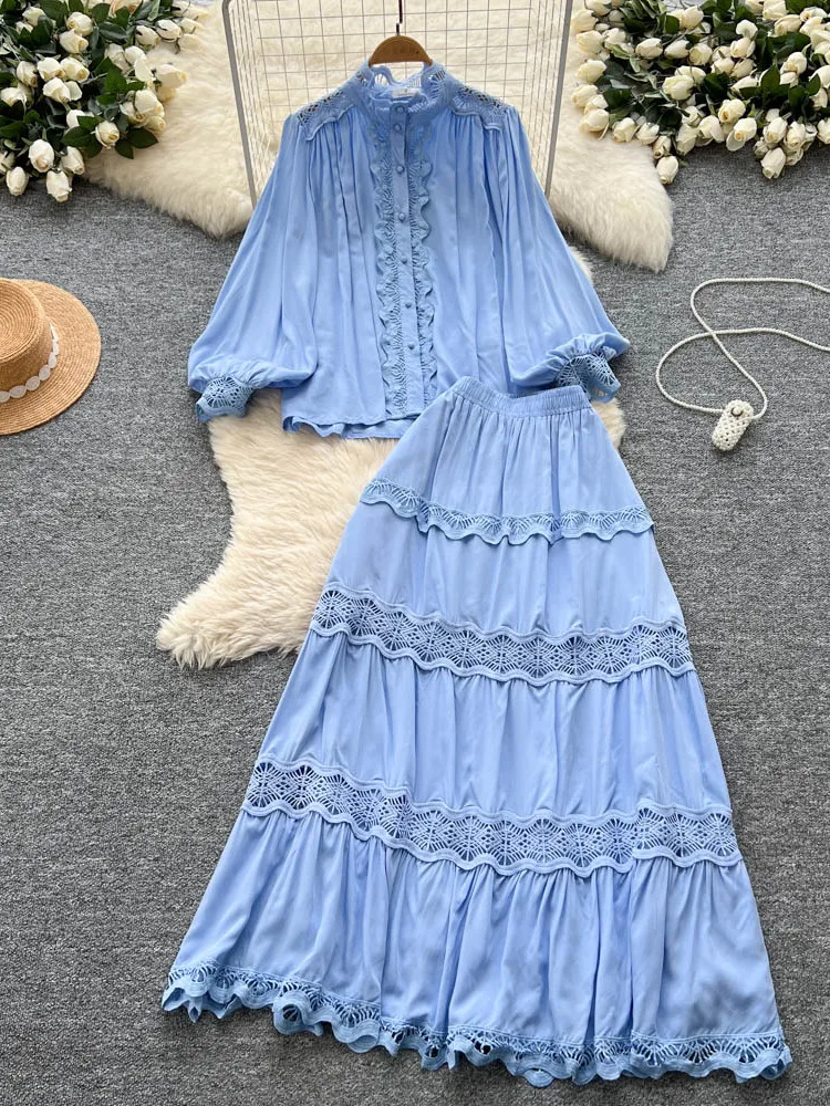 Ele Lace Splicing Lantern Sve irt и юбка с высокой талией, комплект из двух предметов для женщин, моющийся и чувственный 
Ele Lace Splicing Lantern Sve irt и юбка с высокой талией, комплект из двух предметов для женщин, моющийся и чувственный