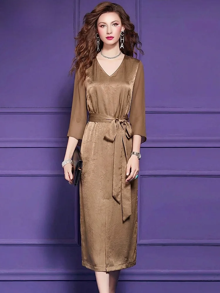 Elegant V-neck Midi Dress Women's Summer Slimming Belted Gown Polyester Fiber High Waist Straight Cut City Commute Dress
Elegant V-neck Midi Dress Women's Summer Slimming Belted Gown Polyester Fiber High Waist Straight Cut City Commute Dress