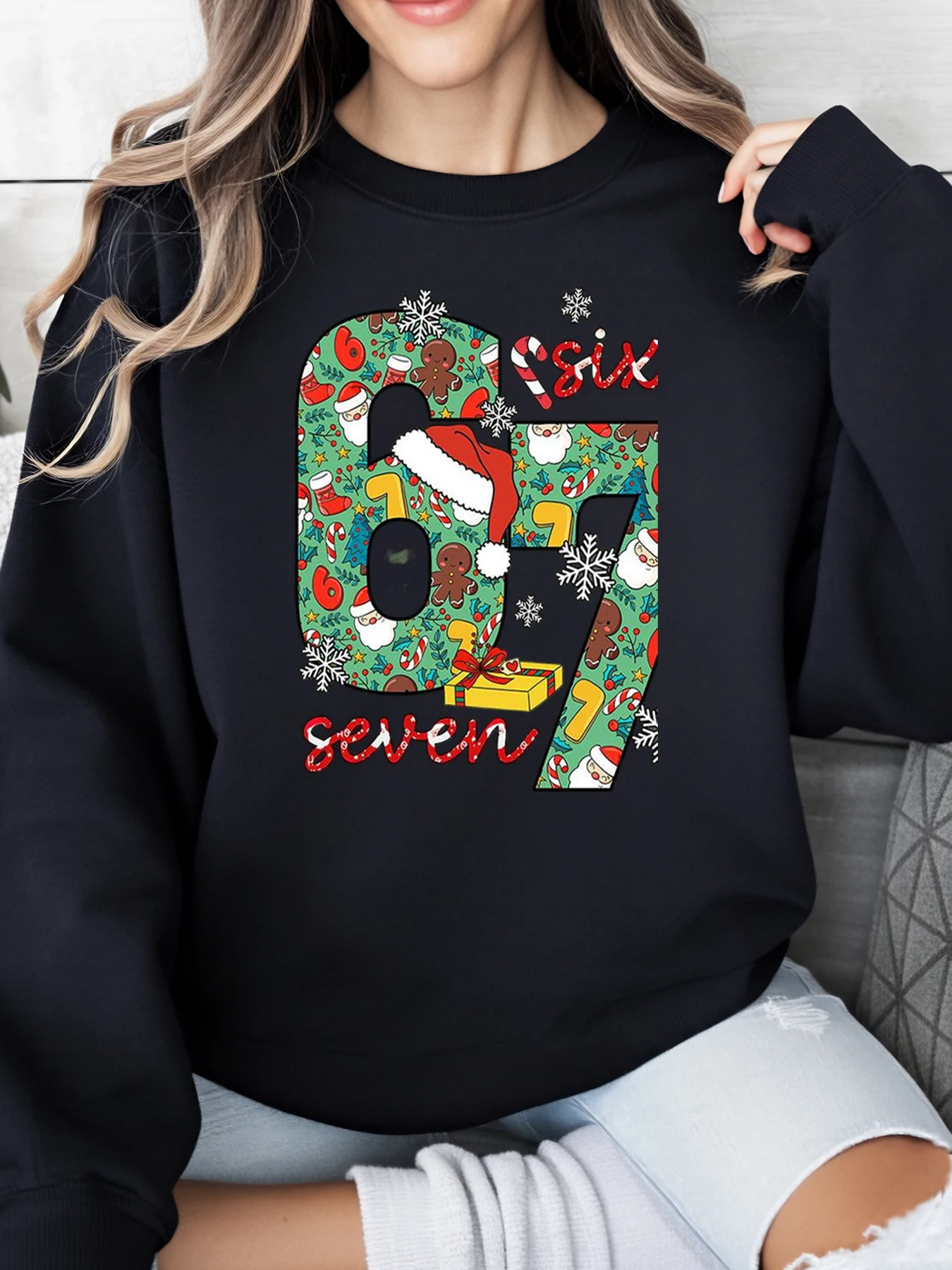 Рождественский свитшот с принтом Six Seven Pattern, женская праздничная повседневная одежда, черный, больших размеров
Рождественский свитшот с принтом Six Seven Pattern, женская праздничная повседневная одежда, черный, больших размеров