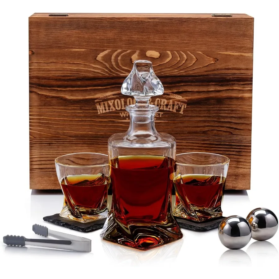 Crystal Whiskey Decanter Set 24oz with Whiskey Glasses and Stainless Steel Chilling Stones - Bourbon Glass Gift Set for Men
Crystal Whiskey Decanter Set 24oz with Whiskey Glasses and Stainless Steel Chilling Stones - Bourbon Glass Gift Set for Men