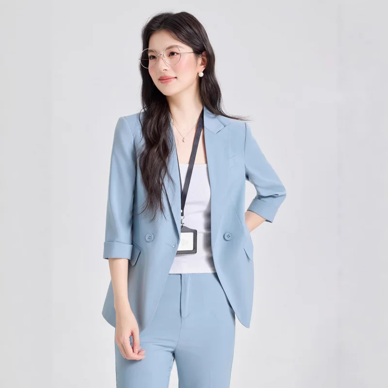 Light blue three-quarter sleeve blazer with a small suit collar, women's pants two-piece set, trendy cross-border foreign trade
Light blue three-quarter sleeve blazer with a small suit collar, women's pants two-piece set, trendy cross-border foreign trade
