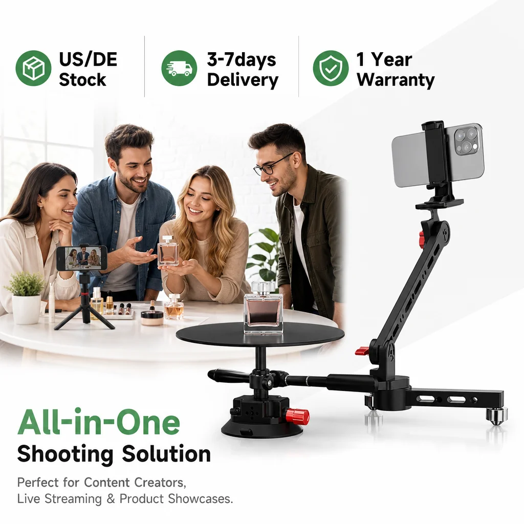 360° Panoramic Shooting Stand Rotating Photography Turntable with Telescopic Arm & Suction Cup Base for Product Video Shooting
360° Panoramic Shooting Stand Rotating Photography Turntable with Telescopic Arm & Suction Cup Base for Product Video Shooting