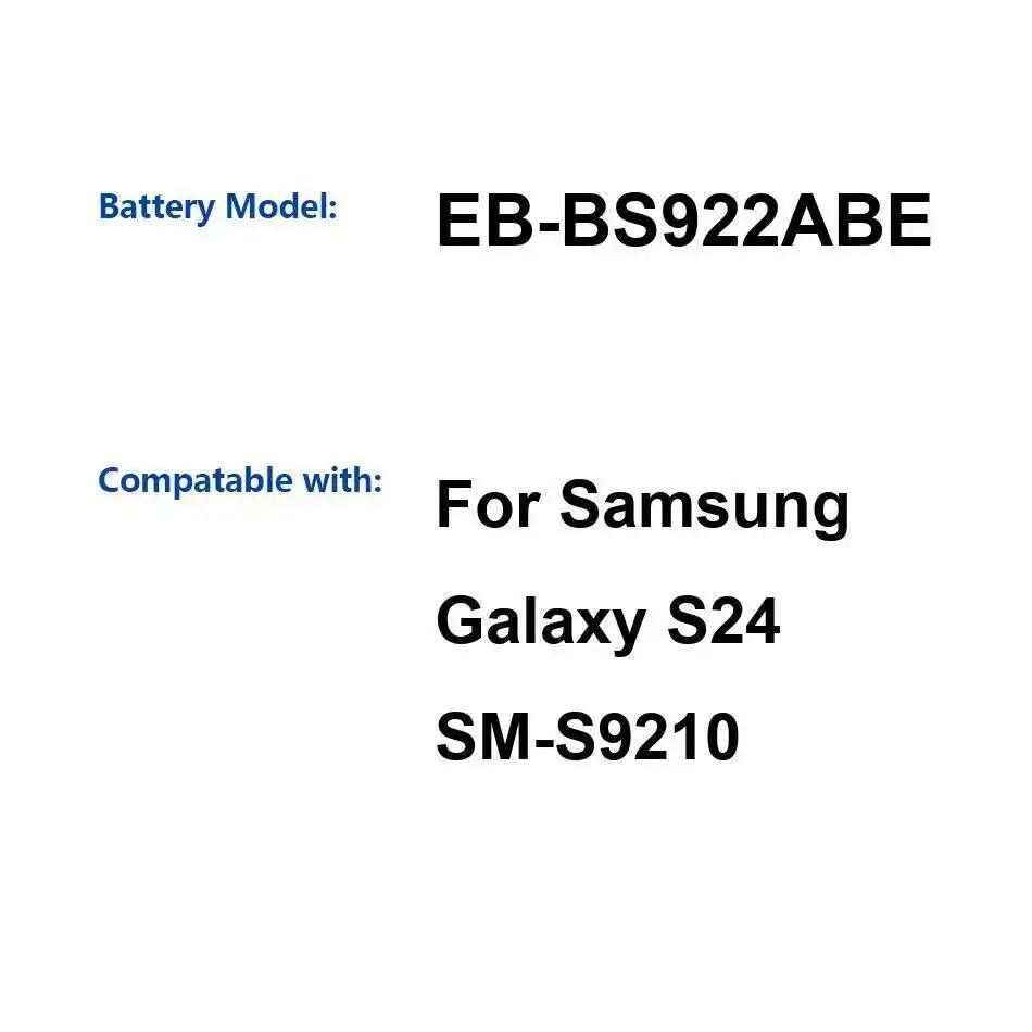 EB-BS922ABE Аккумулятор мобильного телефона 4000 мАч Надежный источник питания большой емкости для Samsung Galaxy S24 SM-S9210
EB-BS922ABE Аккумулятор мобильного телефона 4000 мАч Надежный источник питания большой емкости для Samsung Galaxy S24 SM-S9210