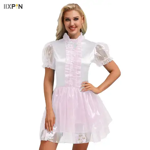 Cute French Maid Cosplay Dress Women Colorful Sparkly Puffy Dress Halloween Masquerade Party Anime Lolita Role Play Costume