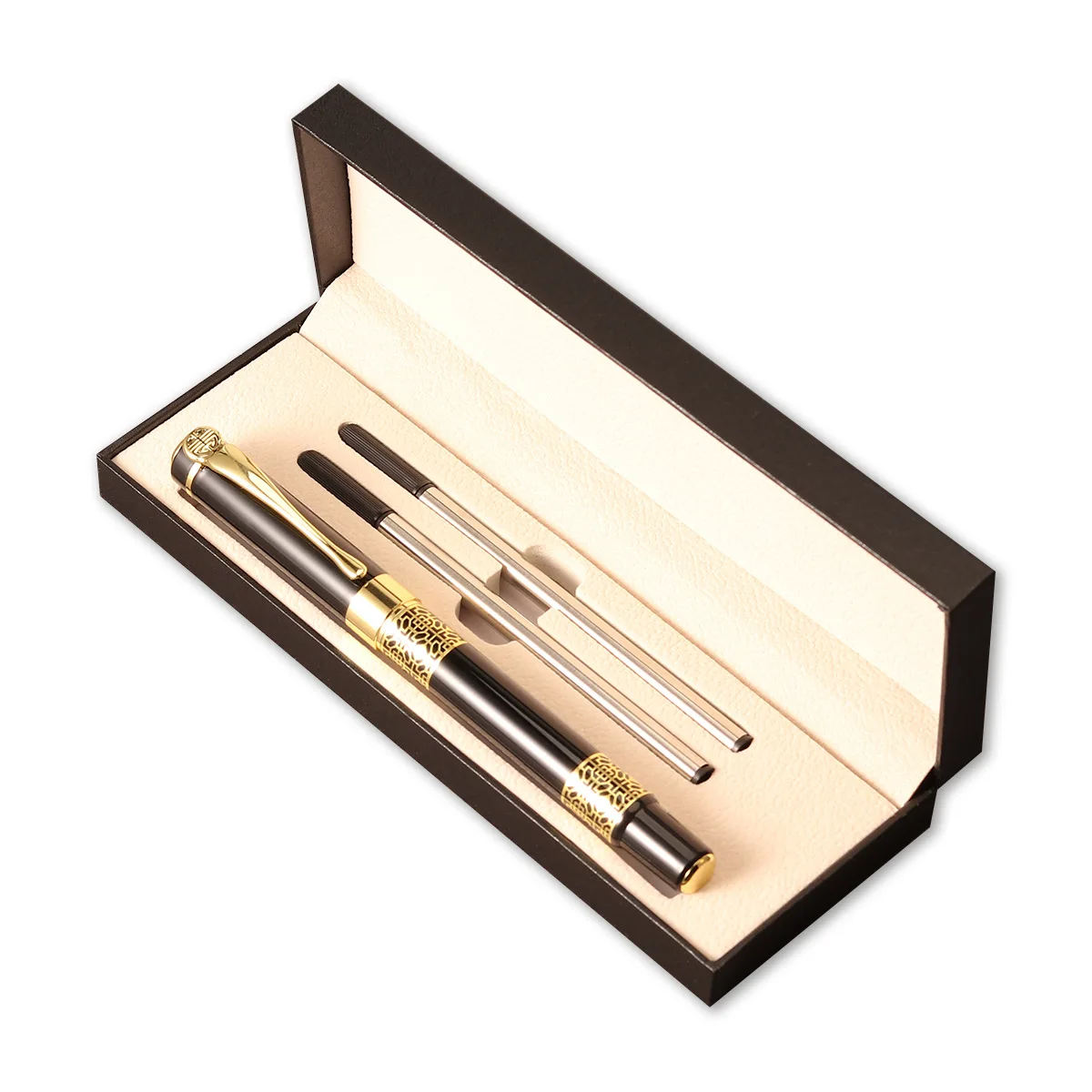 Luxury Metal Fountain Pen Set with 2 Refills Ballpoint Pen Box Signature Pen for Business Office School Writing Gift Carve Logo
Luxury Metal Fountain Pen Set with 2 Refills Ballpoint Pen Box Signature Pen for Business Office School Writing Gift Carve Logo