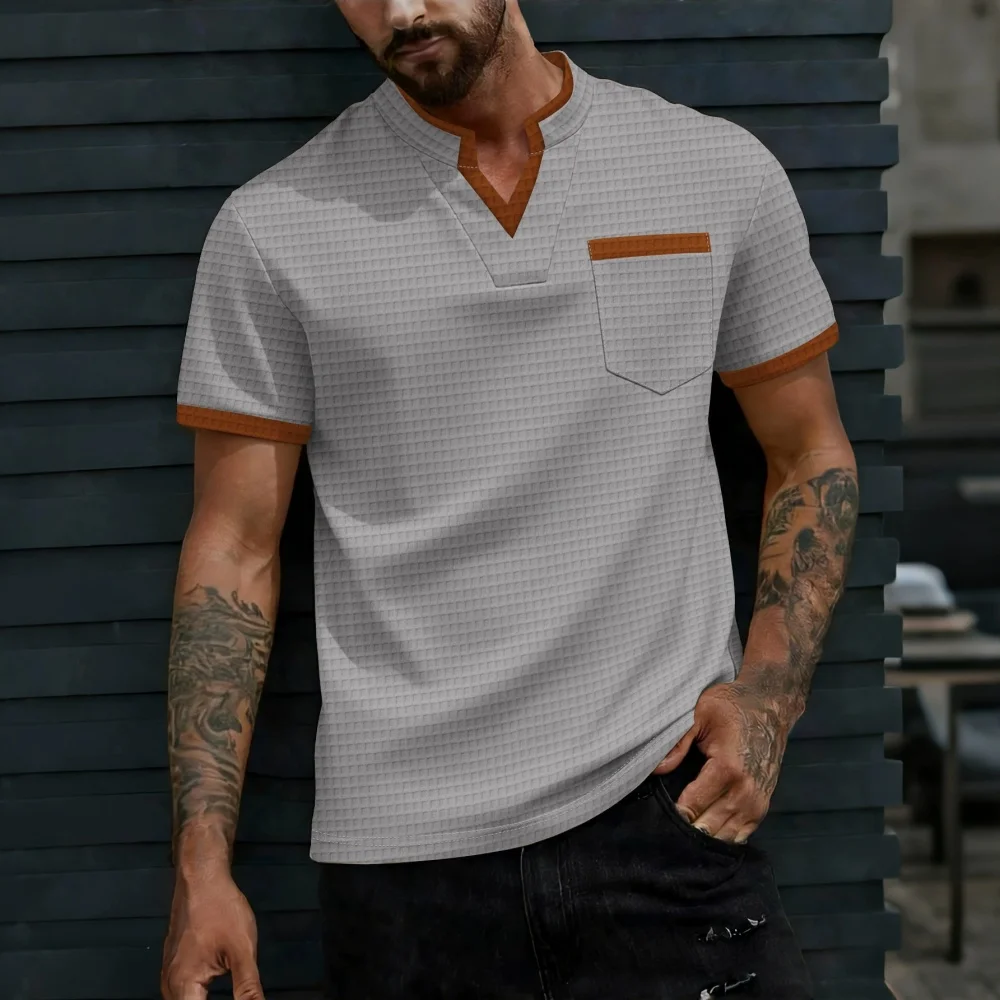 Men's summer casual fashionable short-sleeved shirt with Henry collar and pocket design for breathable casual field wear
Men's summer casual fashionable short-sleeved shirt with Henry collar and pocket design for breathable casual field wear