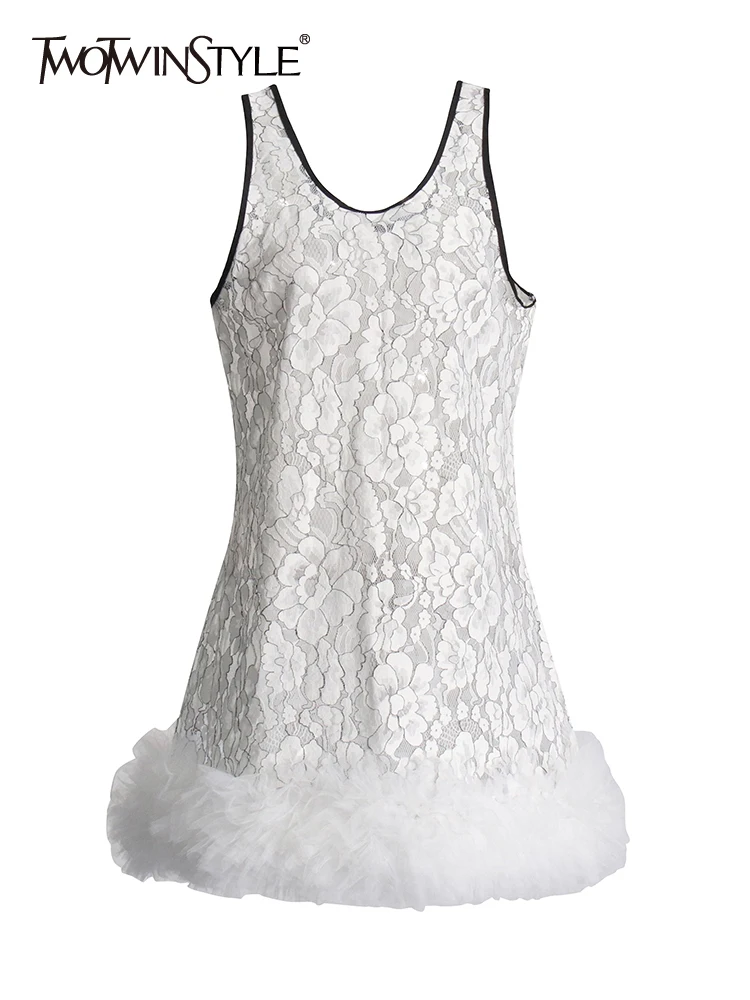 TWOTWINSTYLE Lace Hollow Out Slimming Dresses For Women Round Neck Sleeveless High Waist Patchwork Mesh Chic Dress Female New
TWOTWINSTYLE Lace Hollow Out Slimming Dresses For Women Round Neck Sleeveless High Waist Patchwork Mesh Chic Dress Female New