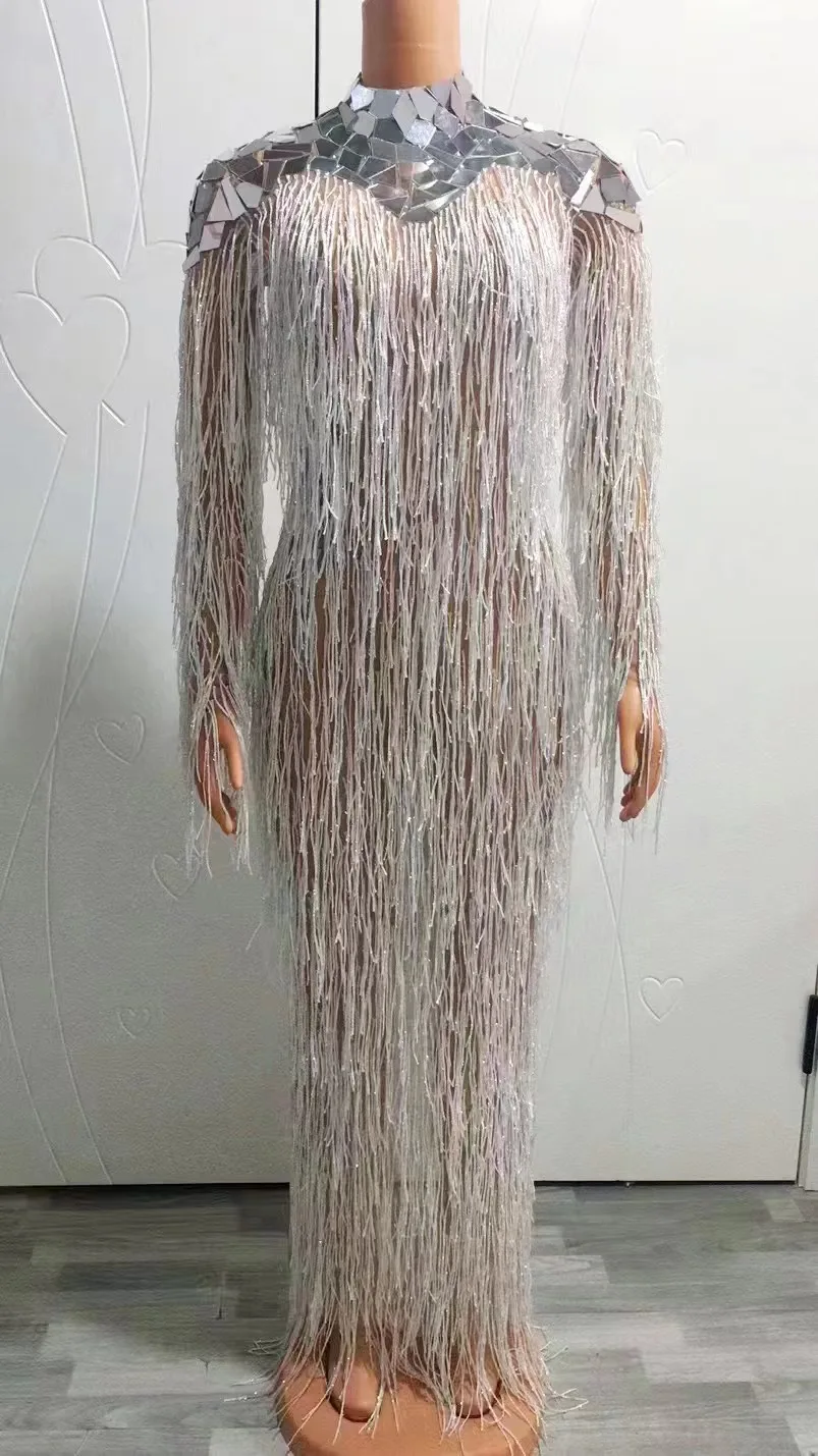 Silver Mirror Full White Fringes TransparentLong Dress Evening Dancer Outfit BirthdayCelebrate Costume Dress jingliusu
Silver Mirror Full White Fringes TransparentLong Dress Evening Dancer Outfit BirthdayCelebrate Costume Dress jingliusu