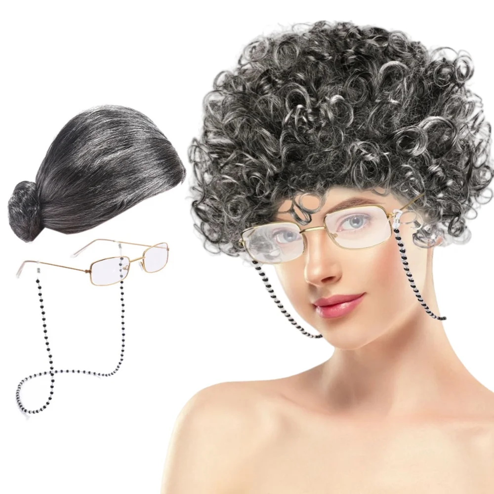 Synthetic Granny Wig Costume Set for Women Short Curly Grandma Wig and Glasses Silver White Granny Wig Cosplay Halloween Party
Synthetic Granny Wig Costume Set for Women Short Curly Grandma Wig and Glasses Silver White Granny Wig Cosplay Halloween Party
