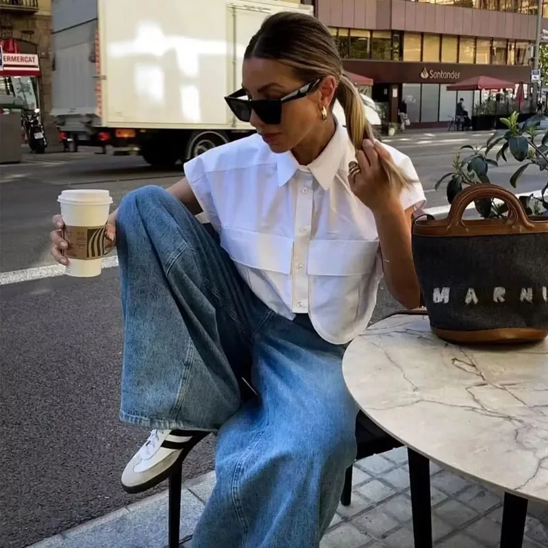 2025 Women Blouse Cropped Shirt Blue White Button Crop Shirt Elegant Short Sleeve Crop Top Woman Office Outfits Shirts Top
2025 Women Blouse Cropped Shirt Blue White Button Crop Shirt Elegant Short Sleeve Crop Top Woman Office Outfits Shirts Top