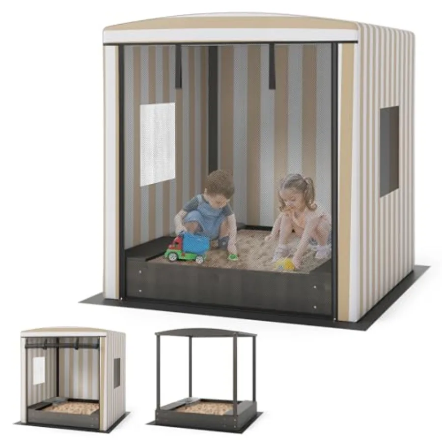 Outdoor kids sandbox for backyard, garden, patio, beach; fir wood construction, brown color, includes canopy, roll-up mesh door
Outdoor kids sandbox for backyard, garden, patio, beach; fir wood construction, brown color, includes canopy, roll-up mesh door