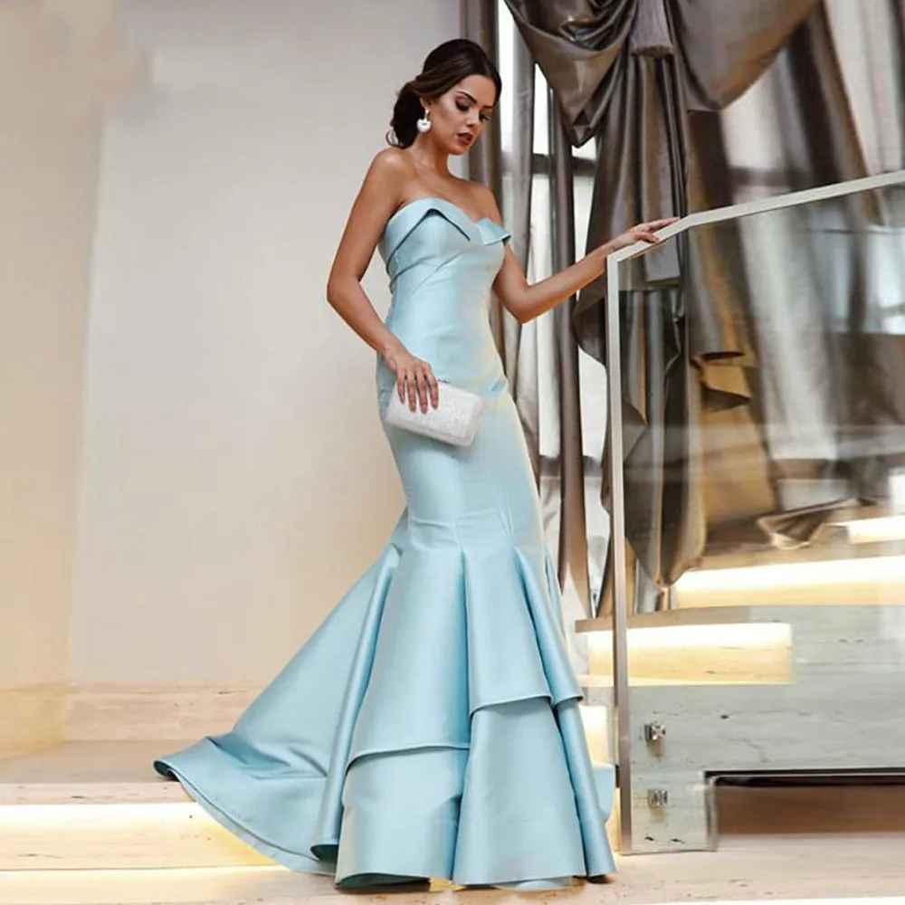 Mermaid Satin Women Evening Dress 2023 Strapless Tiered Long Prom Party Gown Celebrity Wear Sky Blue Robe De Soiree
Mermaid Satin Women Evening Dress 2023 Strapless Tiered Long Prom Party Gown Celebrity Wear Sky Blue Robe De Soiree