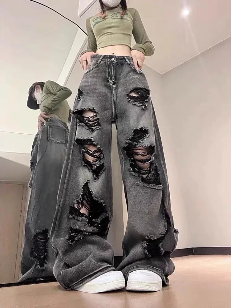 American High Street Style Women's Wide Leg Jeans Grey Black Hole Ripped Loose Drapey Summer New Hiphop Long Denim Pants
American High Street Style Women's Wide Leg Jeans Grey Black Hole Ripped Loose Drapey Summer New Hiphop Long Denim Pants