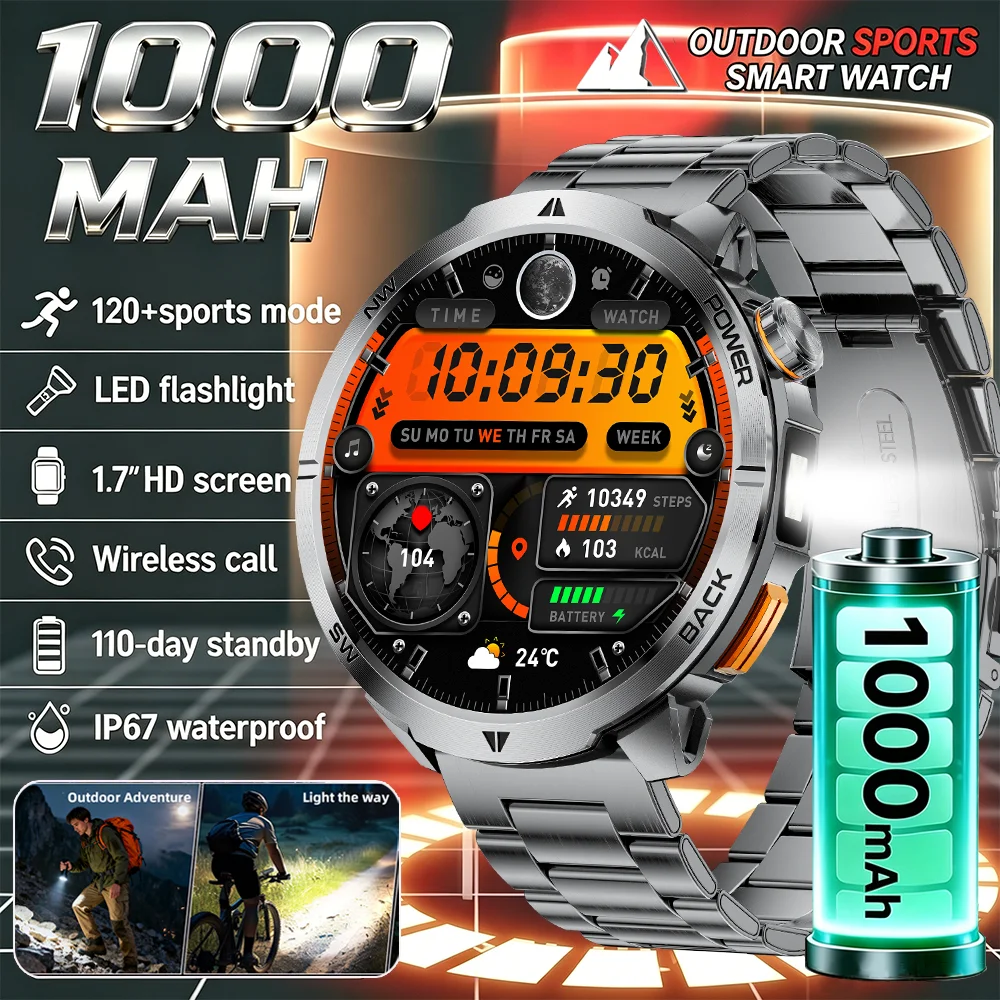 2026 New smart watch 1000 mah battery LED flashlight Heart rate 100+sport mode 1.70 inch HD Display Bluetooth call For Men Gifts
2026 New smart watch 1000 mah battery LED flashlight Heart rate 100+sport mode 1.70 inch HD Display Bluetooth call For Men Gifts