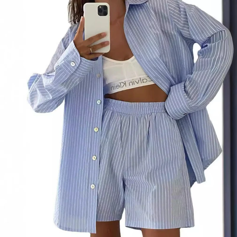 Women Striped Print Two Piece Short Sets Casual Blouse Button Long Sleeve Shirts Lady Elastic Waist Shorts Suit Sporty
Women Striped Print Two Piece Short Sets Casual Blouse Button Long Sleeve Shirts Lady Elastic Waist Shorts Suit Sporty