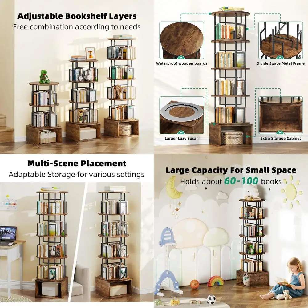 5-Shelf Swivel Bookcase with Storage, Corner Floor Standing, Vintage Brown for Home & Kids
5-Shelf Swivel Bookcase with Storage, Corner Floor Standing, Vintage Brown for Home & Kids