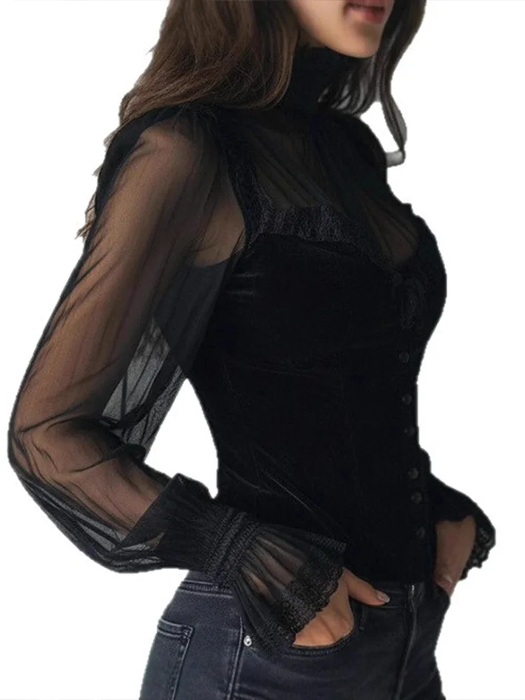 Women's Vintage Mesh Blouse High Neck Lace Trim Sheer Long Sleeve Velvet Corset Top Elegant Casual Gothic Fashion Blouse
Women's Vintage Mesh Blouse High Neck Lace Trim Sheer Long Sleeve Velvet Corset Top Elegant Casual Gothic Fashion Blouse