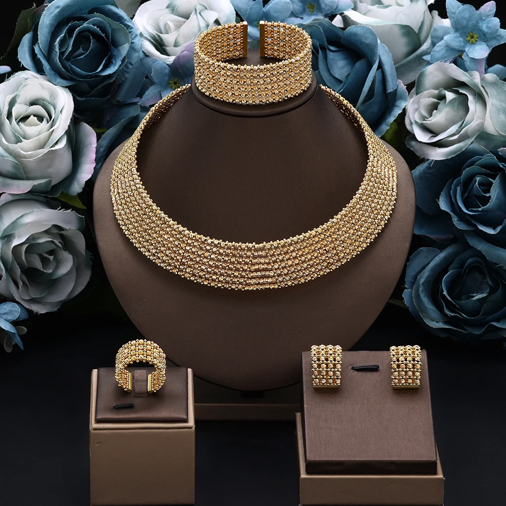 Luxury Gold Plated Choker Necklace Set Dubai Nigeria Women 4 Pieces Jewelry Set Wedding Bridal Party
Luxury Gold Plated Choker Necklace Set Dubai Nigeria Women 4 Pieces Jewelry Set Wedding Bridal Party