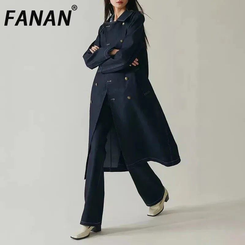 FANAN Vintage Denim Trench Women's Lapel Double Breasted Belt Gathered Waist Long Windbreaker Office Lady Coats 2025 Spring New
FANAN Vintage Denim Trench Women's Lapel Double Breasted Belt Gathered Waist Long Windbreaker Office Lady Coats 2025 Spring New