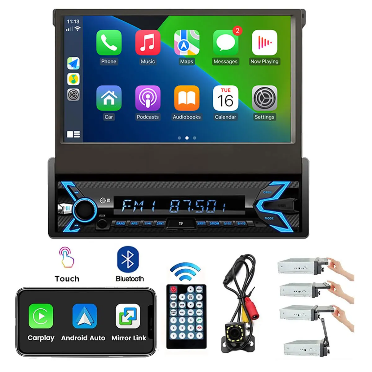 7 Inch Retractable Car Radio 1 Din Touchscreen Carplay Android Auto Car Stereo Player with Bluetooth Reversing Camera AUX/TF/USB
7 Inch Retractable Car Radio 1 Din Touchscreen Carplay Android Auto Car Stereo Player with Bluetooth Reversing Camera AUX/TF/USB