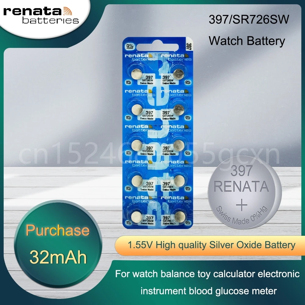 Original Renata 397 SR726SW AG2 LR726 396A SR726 196 SR59W 1.55V Silver Oxide Watch Battery Swiss Made Button Coin Cell
Original Renata 397 SR726SW AG2 LR726 396A SR726 196 SR59W 1.55V Silver Oxide Watch Battery Swiss Made Button Coin Cell