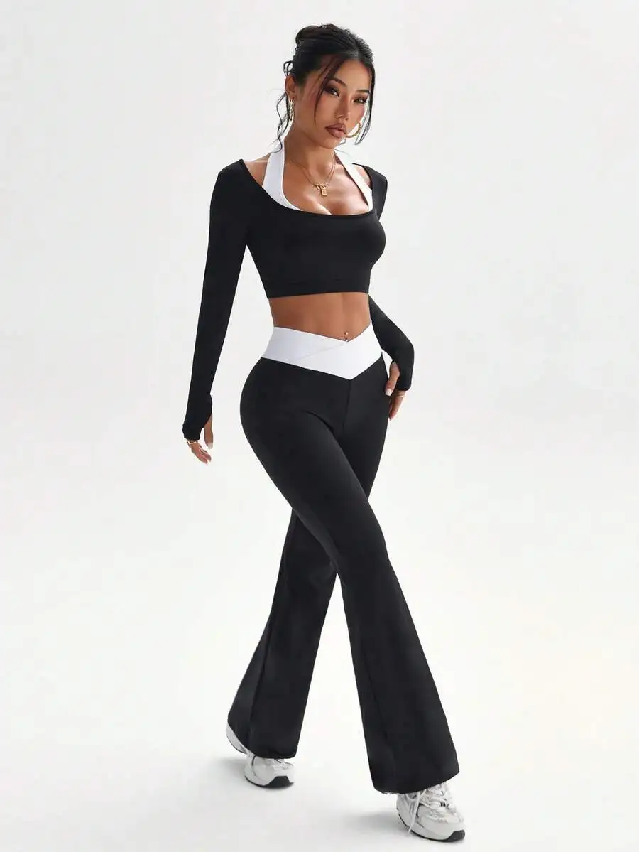 Womens Contrast Color Long Sleeve Crop Top And Flare Pants Workout Set
Womens Contrast Color Long Sleeve Crop Top And Flare Pants Workout Set