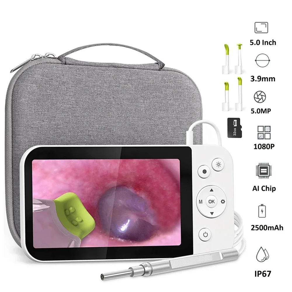 3.9mm Otoscope Camera with 5" IPS Screen 1080P HD Digital Otoscope with Ear Cleaning Tool for Kids and Adults with 32G Card
3.9mm Otoscope Camera with 5" IPS Screen 1080P HD Digital Otoscope with Ear Cleaning Tool for Kids and Adults with 32G Card
