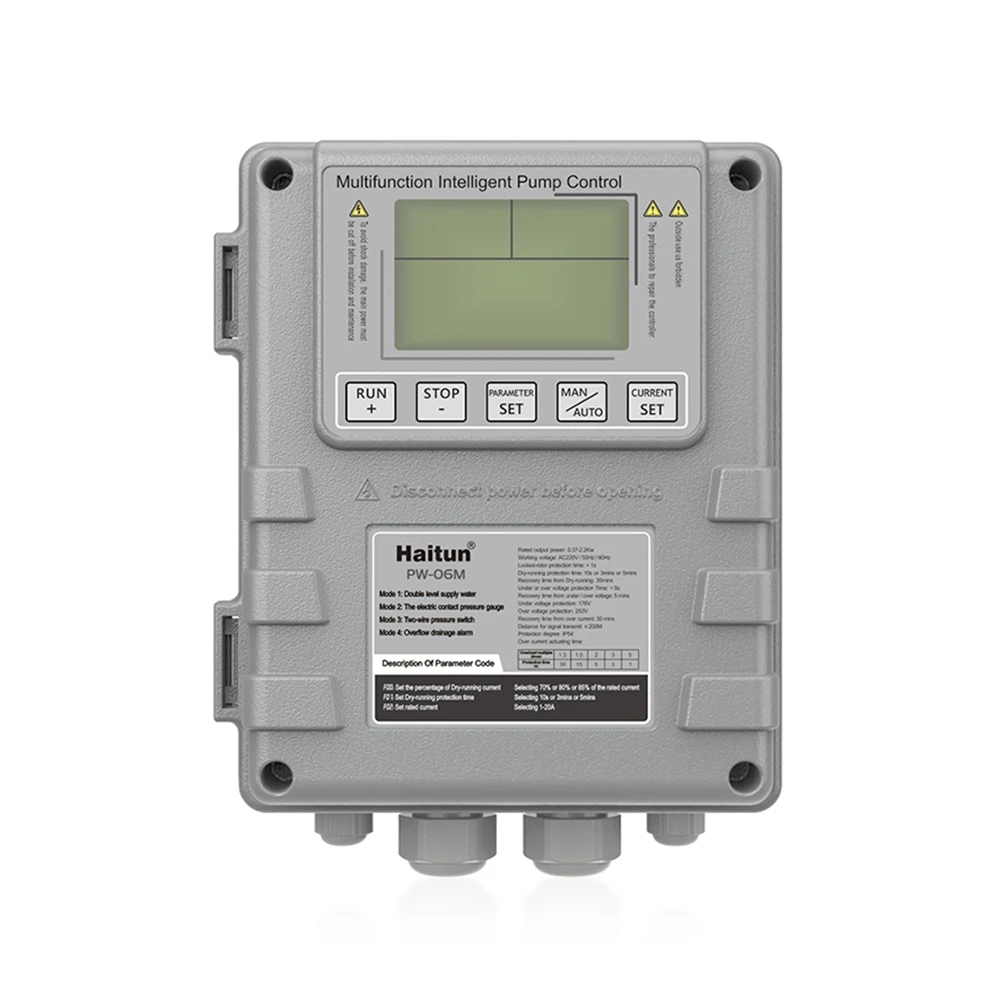 Three-phase intelligent control box 0.75-4 KW with air switch one controls two deep well pumps
Three-phase intelligent control box 0.75-4 KW with air switch one controls two deep well pumps